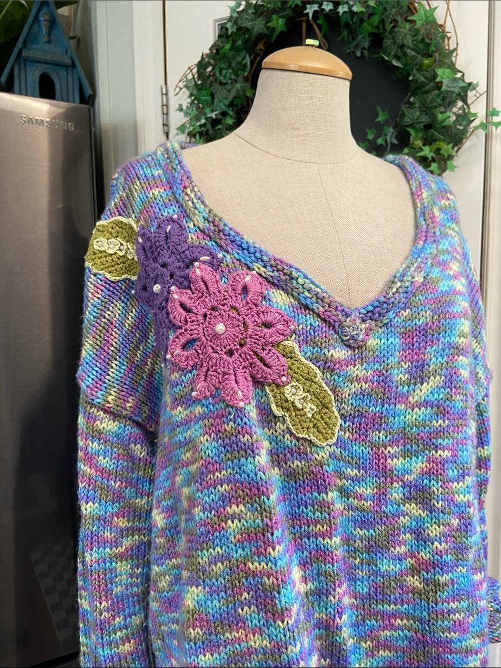 Handmade 80s Floral Appliqué Oversized Drop Shoulder Space-dye Knit Romantic